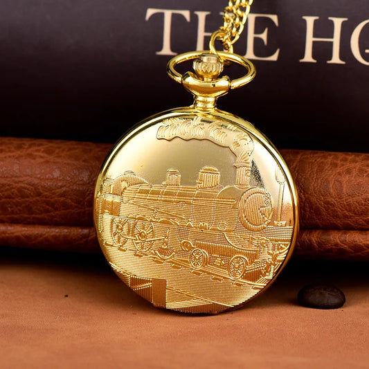No-EN-Name-Null Adults Vintage Euro-American Round Shaped Quartz Glass Face Analog-Digital Display Gold Engraved Train On Front-Floral Back Design Pendant Chain-Pocket Watches