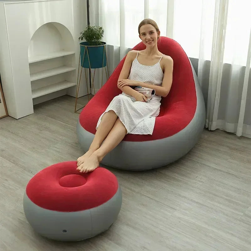 No-EN-Name-Null Modern Soft Velvet Upholstered Multicolor Fabric Lazy Air-Filled Poly-Vinyl Inflatable Foldable Feet Stool-Outdoor Chairs/ Multifunctional Ottoman/Colors-Red/ Black/Royal Blue/Multicolor