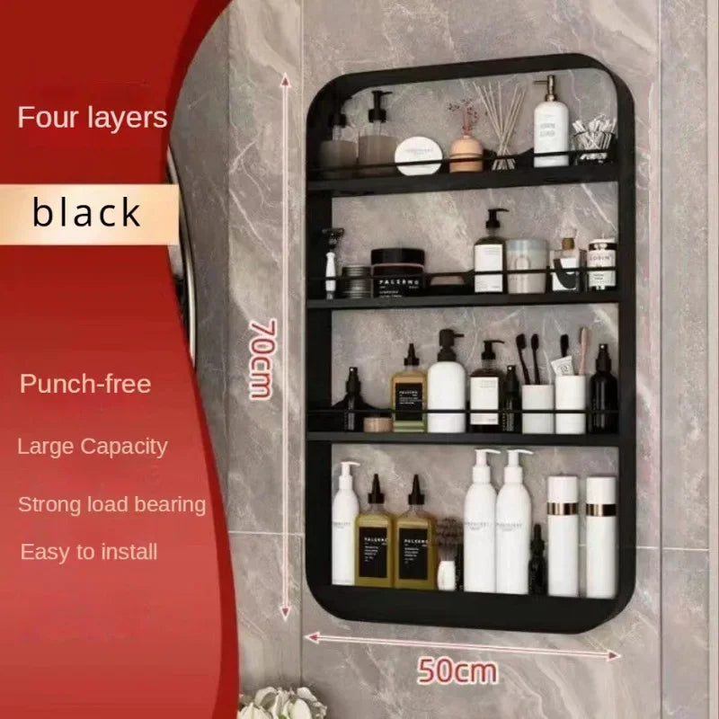 No-EN-Name-Null Modern White-Black Round Corners Vertical Rectangle Steel Metal Four Glass Shelves With Fence Bathroom Wall-Mounted Caddies/Ventilate-Drains