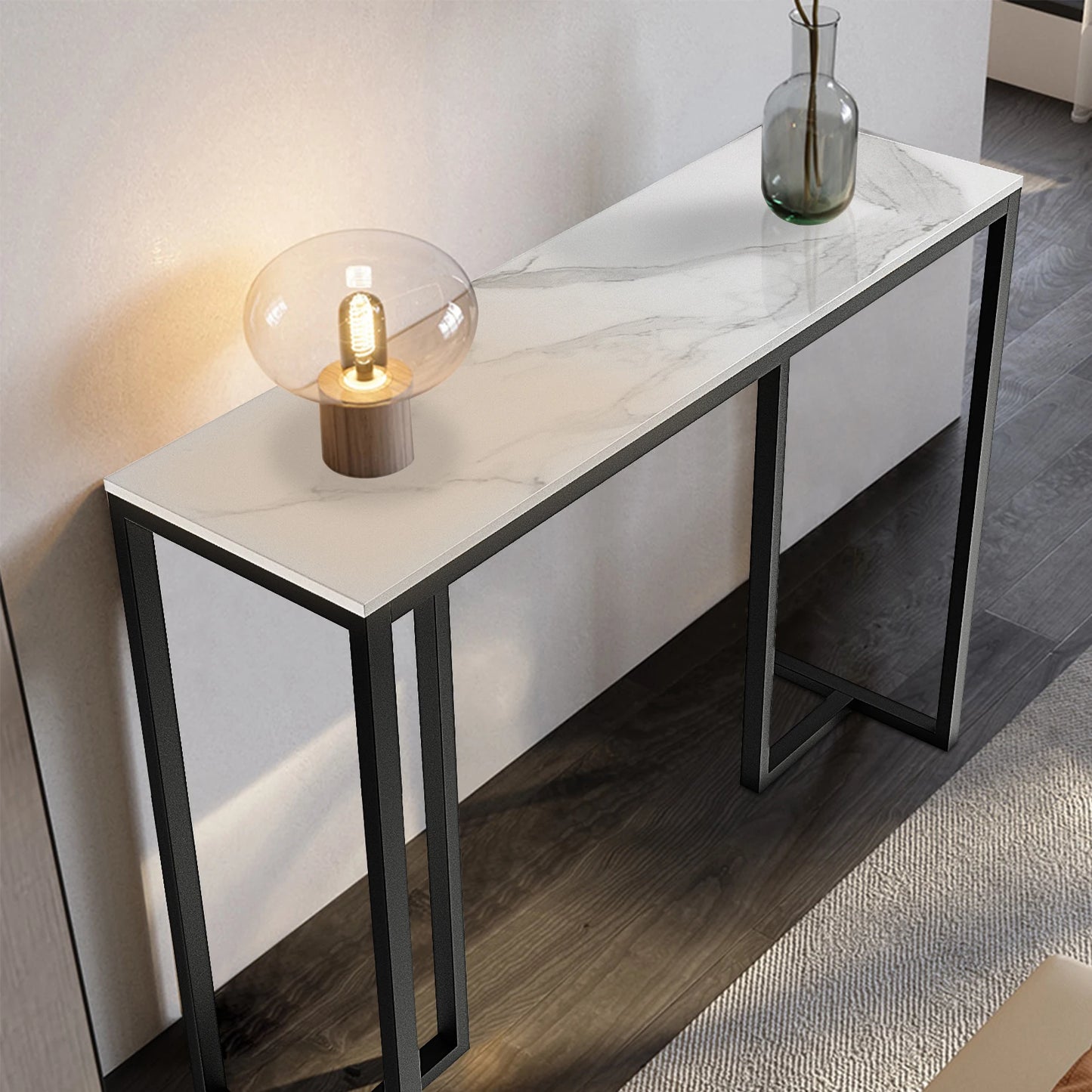 No-EN-Name-Null Modern White Rectangle Marble Top Metal Iron Frame Console Entryway Tables/Colors-White/Cold Emerald