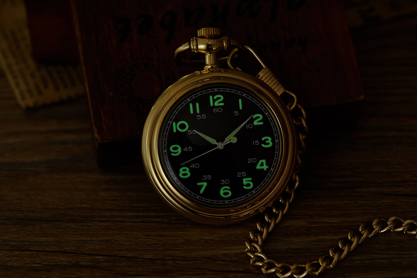 GORBEN Adults Gold Metal Alloy Round Hollow Open Face Arabic Numerals Luminous Hand Wind Black Face Glowing-In-Dark Numbers Pendant Chain-Pocket Watches/Colors-Black/Silver/Gold/Optional: With Wood Box-Without