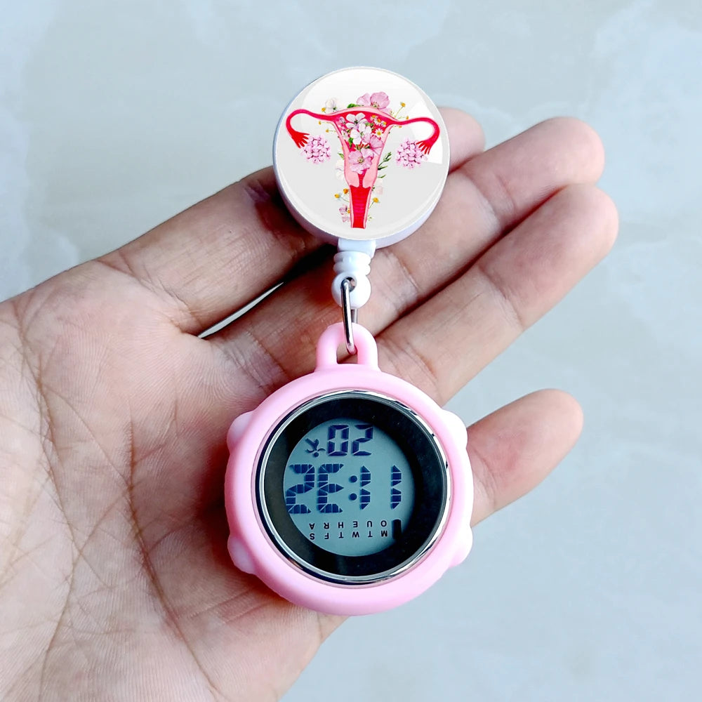 No-EN-Name-Null Waterproof Black Plastic Round Cover Glass Face Digital Display Retractable Printed Floral Anatomical Designs Nurse-Doctor Hanging Metal Alloy Fob Pocket Watches/Colors-Black/White/Pink/Blue