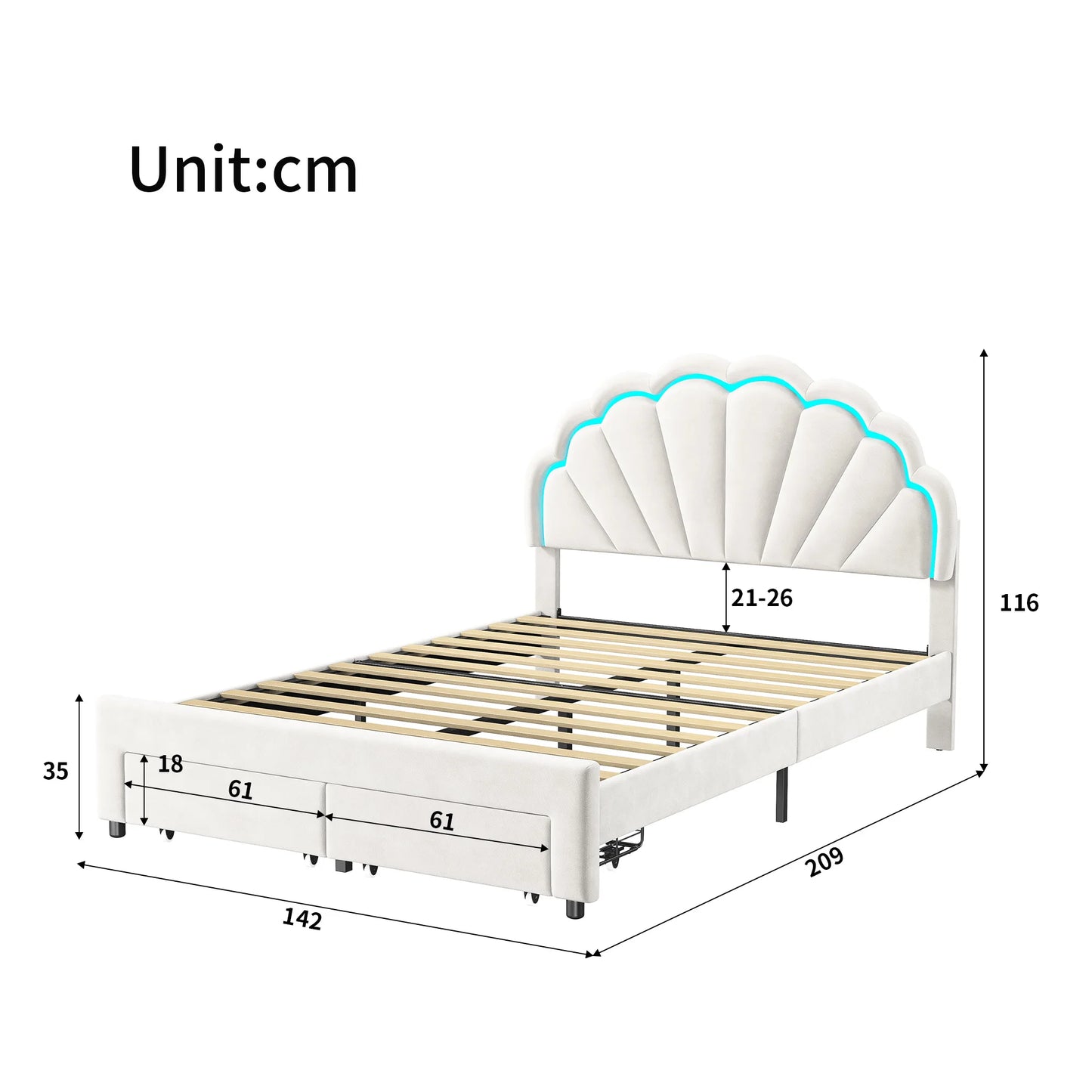 No-EN-Name-Null  Modern Upholstery Padded Flower Shaped Soft Velvet Headboard Platform Bed FRAMES / WITHOUT MATTRESS-DRAWER/ Headboard-Slats/Dimensions: 206cm L x 100cm W x 110.5cm H /Colors-Beige/Burgundy/Pink/ Load Capacity: 440.925 LBS