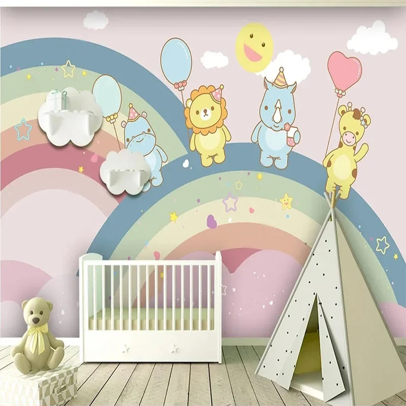 JIADOU Kids Modern 3D Waterproof Canvas Self-Adhesive Customized Printed Two Rainbow Hippo-Lion-Rhino-Giraffe Holding One Balloon Peel-N-Stick Mural Wallpaper/Requires Paste