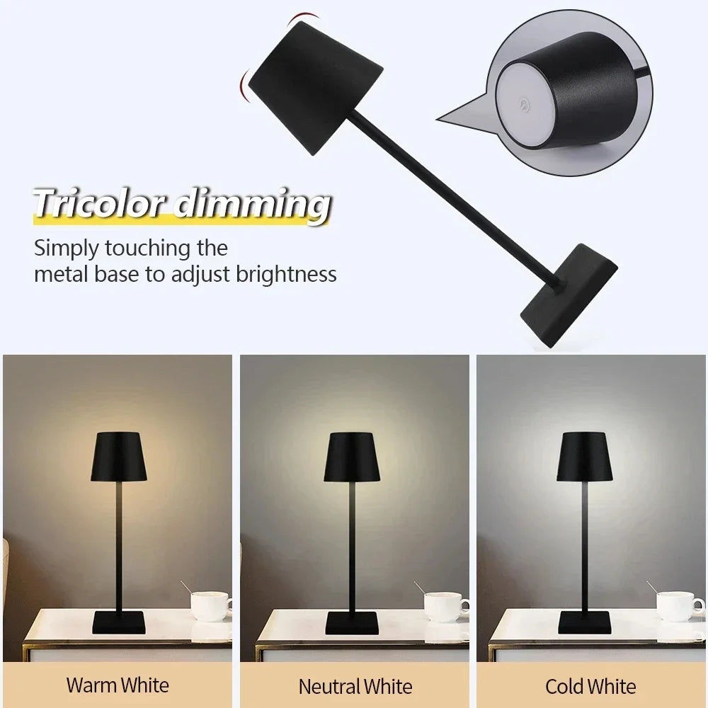 ATCOMM Waterproof Tricolor Stepless Dimming Warm-Cool White LED Lights Black-White Downward ABS Plastic Shade Round Tubular Cylindrical Square Flat Metal Base USB Charging Port Built-In Rechargeable Battery Adjustable Desktop Lamps