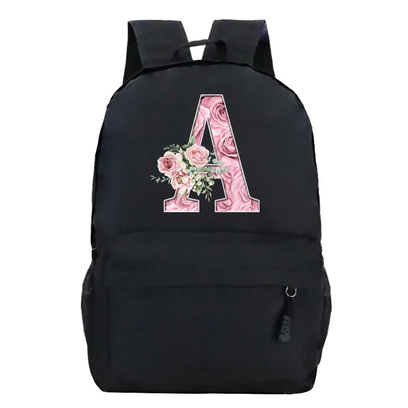 No-EN-Name-Null Waterproof Large Black Softback Nylon Fabric Printed Floral Pink Rose First Name Initial Letter Curved Back Zipper Canvas Lining Built-In Laptop Compartment Shoulder Straps-Handle Zippered External Pockets School Backpacks