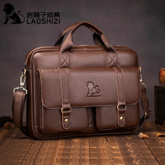 Men Flap Pocket Cow Leather Zipper Briefcase Polyester Bags/ Crossbody Shoulder Straps-Handles/Fits 14 Inch Laptop/IPAD 13.3 Inch Tablet/External Pockets/Built-In Compartments/Colors-Black/Brown
