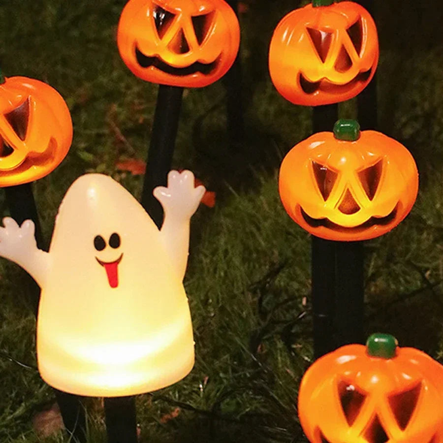 XIWANGFIRE Outdoor Waterproof Warm White LED Bulbs Small-Big Halloween White Ghost-Orange Pumpkin Black Triangle Shaped Eyes-Nose-Mouth Pumpkin Shaped Lantern Solar-Powered Landscape Pathway Lights/Colors-Orange/Black/White/Multicolor