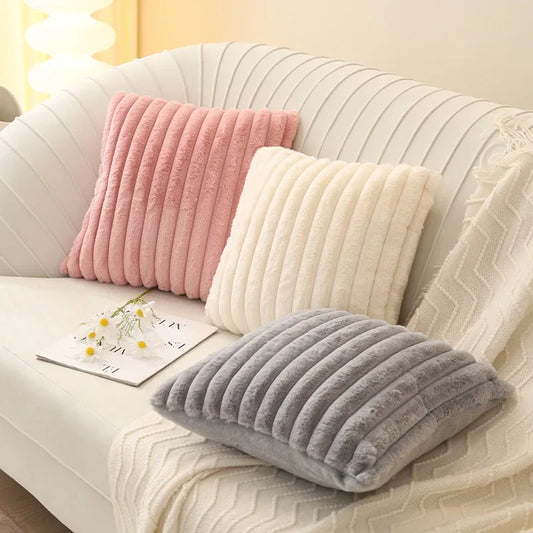 Embroidered Square Big Thick Striped Super Soft Cotton Solid Color Faux Rabbit Fur Sofa COVERS/Colors-Pink/White/Green/Apricot