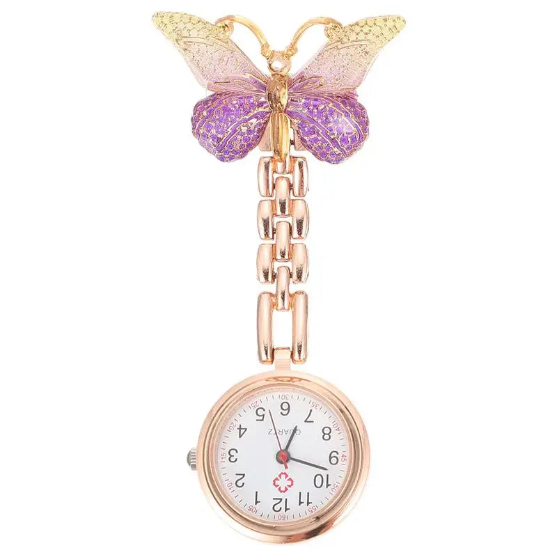 No-EN-Name-Null Adults Metal Alloy Round Shaped Digital Quartz White Face Black Numbers Butterfly-Flower Floral Styles Hanging Locked Pin-On Lapel Nurses Fob Pocket Watches