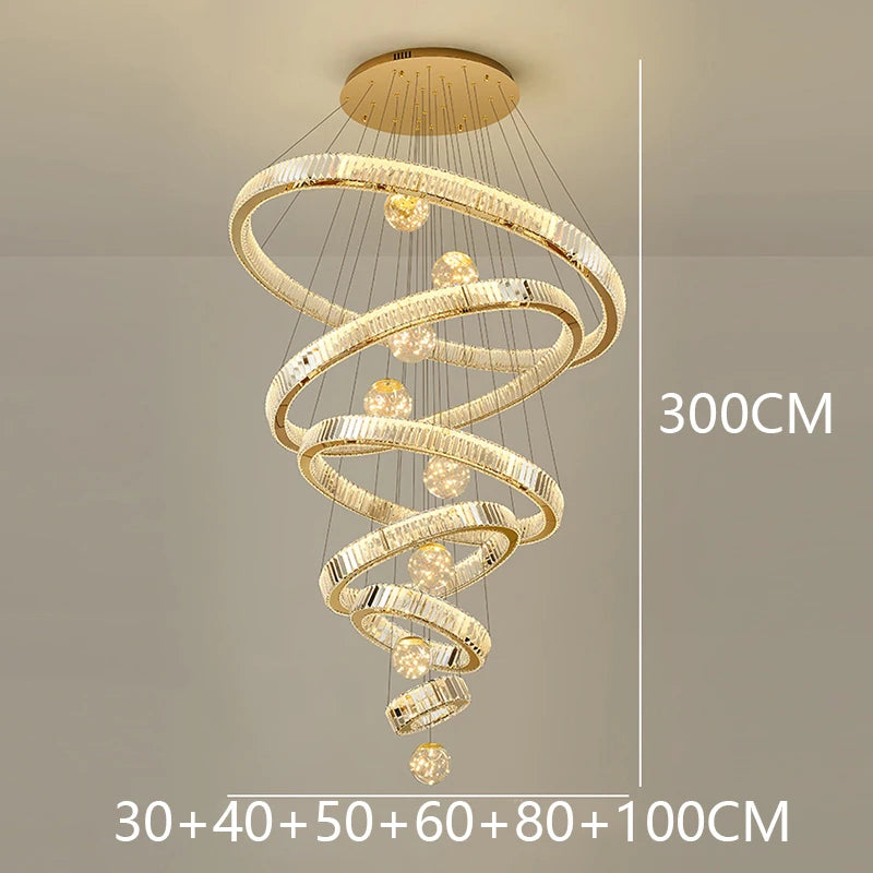 Modern Stainless Steel LED Warm Cool Twisted Ring Cord Pendant Hanging Crystal Chandelier Ceiling Lights/Dimming Remote Control/Touch On-Off/Colors-Gold/Silver