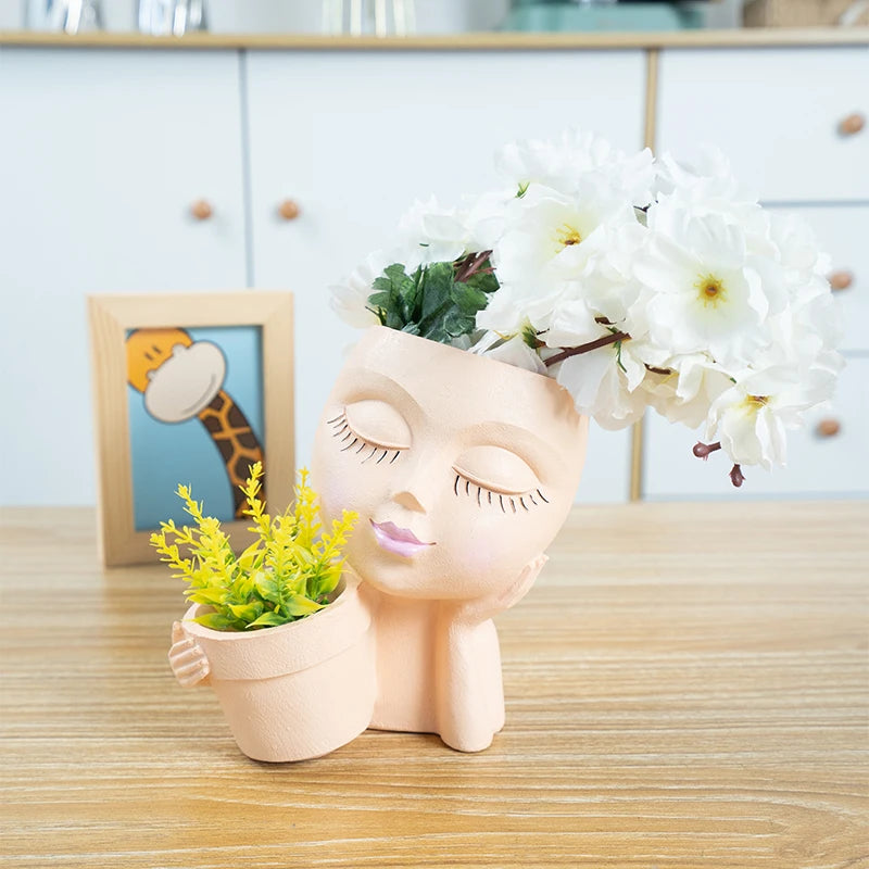 No-EN-Name-Null Indoor-Outdoor Classic Beige Resin Cute Girl Face Handheld Basket Flower Pots Planters/Colors-Beige/White/Gray/Brown/Pink/Multicolor/Floral