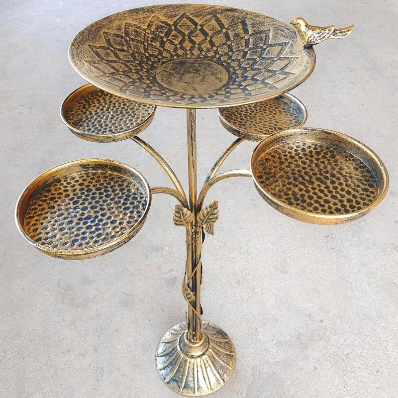 KIQUNE Outdoor Garden Deco Free-Standing Five-In One Antique Bronze Cast Iron Metal Trays-Small Round One Bird-Floral Leaves Base Bird Baths/Colors-Bronze/Gold/Geometric/Floral