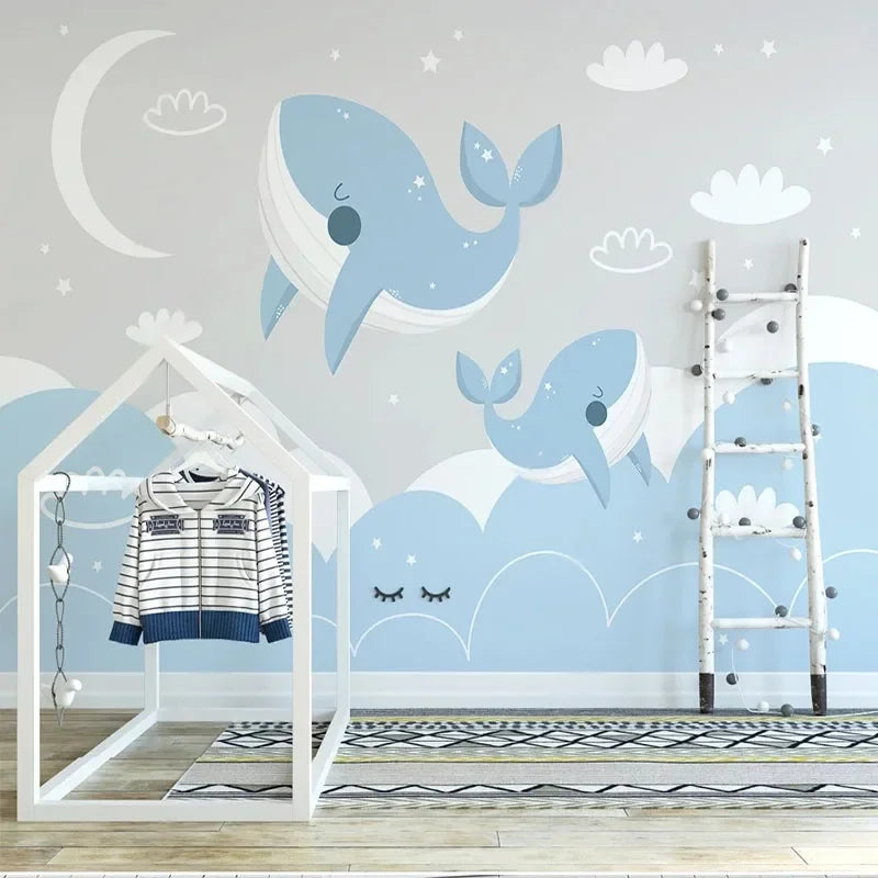 JIADOU Modern Kids Customized Waterproof Hand-Painted Mural White Half Moon-White Clouds-Blue Starry Night Sky-Two Blue-White Whales-Swimming In The Ocean Design Wallpaper/Requires Paste