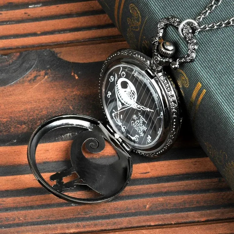 DEYROS Adults Quartz Black Face Bronze Metal Alloy Round Abrasion-Resistant Glass Face Skeleton Dial Movie-Nightmare Before Christmas Theme Silicone Strap Black Pendant Chain-Pocket Watches/Colors-Bronze/Black