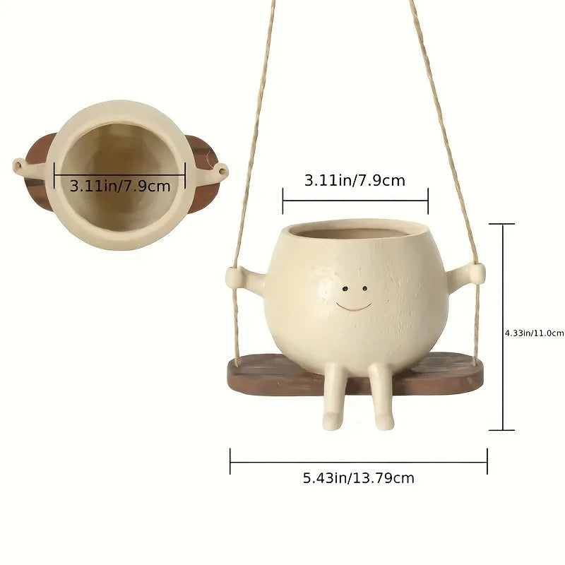 No-EN-Name-Null Round Beige Resin Smiling Face Succulent Suspended Striped Wood Swing Hanging Planters