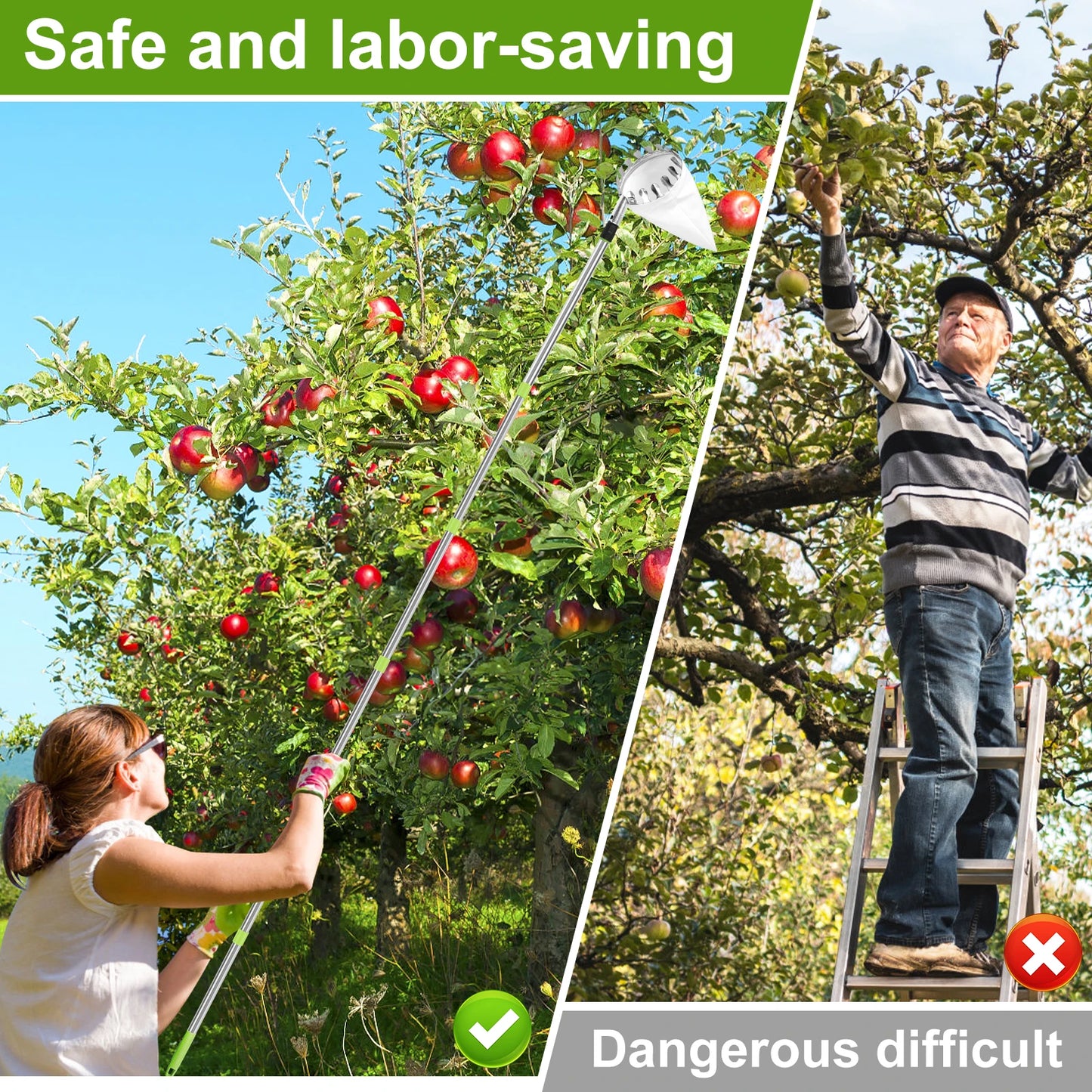 TOORISE Green-Silver Stainless Steel-Aluminum Lightweight One Fruit Picking Pole Head Basket Gardening Tools/1-Picking Basket/1-Splicing Rod/1-Storage Bag