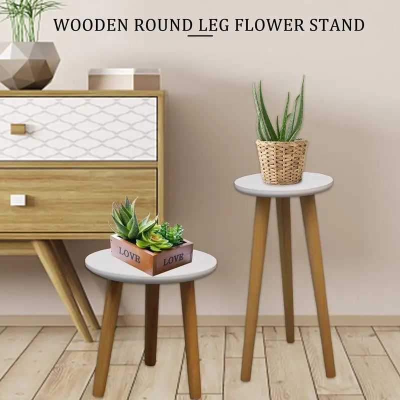 No-EN-Name-Null Indoor Modern Round Shaped Solid Oak Wood White Top 3-Brown Round Legs Tall Plant Stands /Sizes-S/M