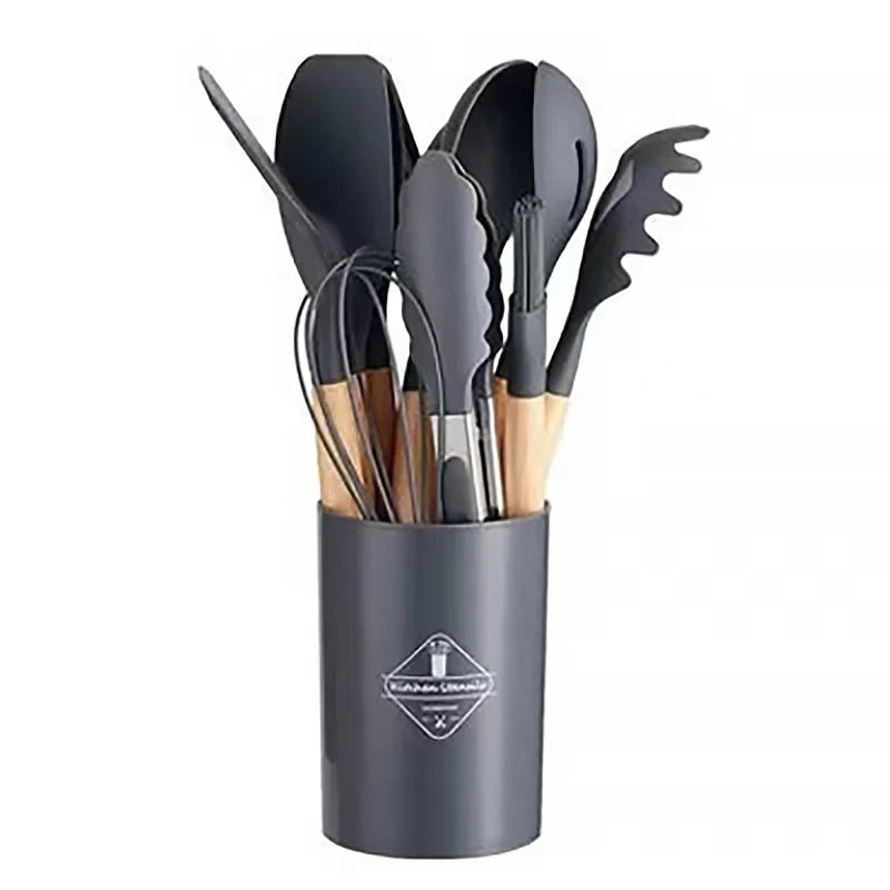 Kitchen 12 PCS Set Heat Resistant Non-Stick Silicone Tips Wood Handles Cooking Utensils-Storage Bucket/Colors-Colors-Green/Red/White/Gray/Pink/Black/Multicolor