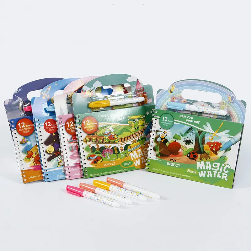 No-EN-Name-Null Babies-School-Age Kids 12 Scenes Magical Watercolor Pen Painting Multicolor Plastic-Cardboard Paper Early Educational Learning Reusable Drawing-Coloring Books-Pads /Ages: Newborn-School-Age Kids/Colors-Multicolor/Red/Green/Blue/Animal