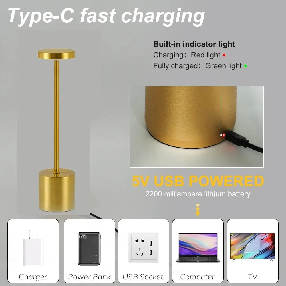 ATCOMM Modern Touch Sensor Dimmable Adjustable Tri-Color Warm-Cool White LED Chip Black Round Iron Acrylic Metal Brushed Nickel Finish Body Built-In Rechargeable Battery USB Rechargeable Wireless Cord Desk Lamps/Colors-Black/Gold/Silver/White