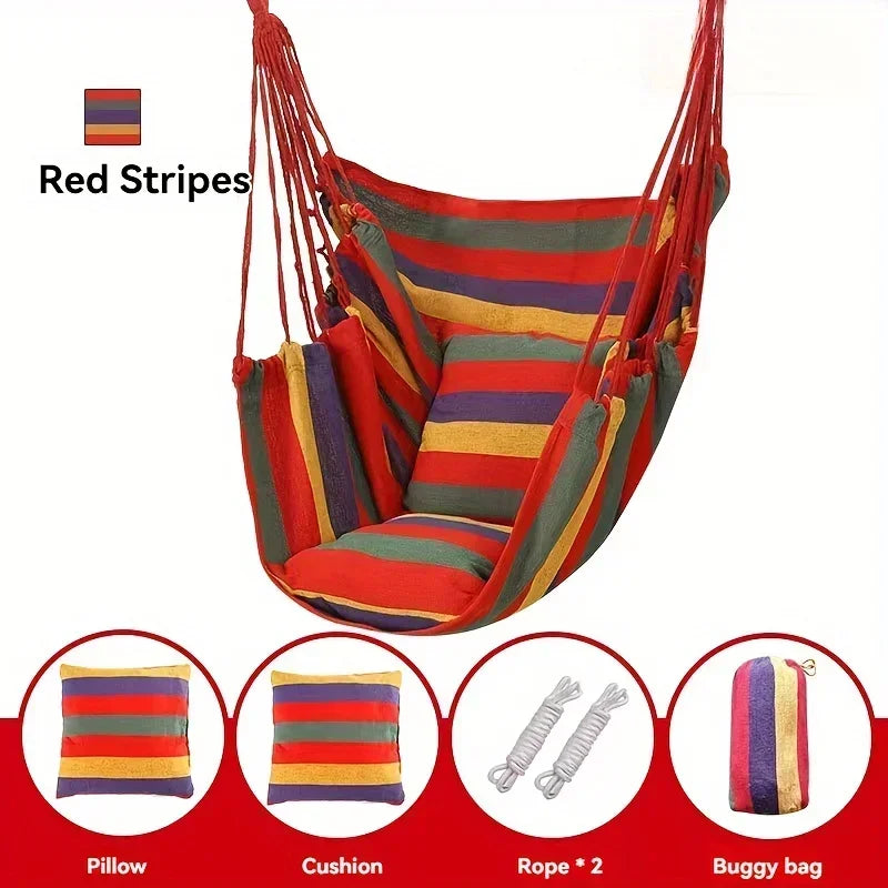 No-EN-Name-Null Outdoor Striped Red One Person Handmade Soft Durable Breathable Densely Woven Cotton Canvas Fabric Hanging Hammock Solid Seat Swing Chairs/ 200KG Load Bearing/Colors-Red/Striped/With Pillow-Cushion/NO Pill-Rip/Weight Max : 400LBS