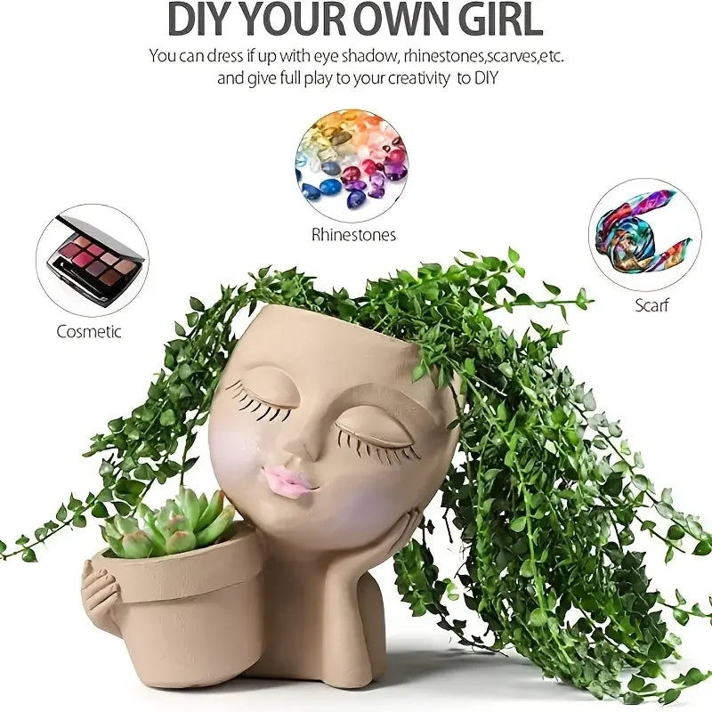 No-EN-Name-Null Indoor-Outdoor Classic Beige Resin Cute Girl Face Handheld Basket Flower Pots Planters/Colors-Beige/White/Gray/Brown/Pink/Multicolor/Floral