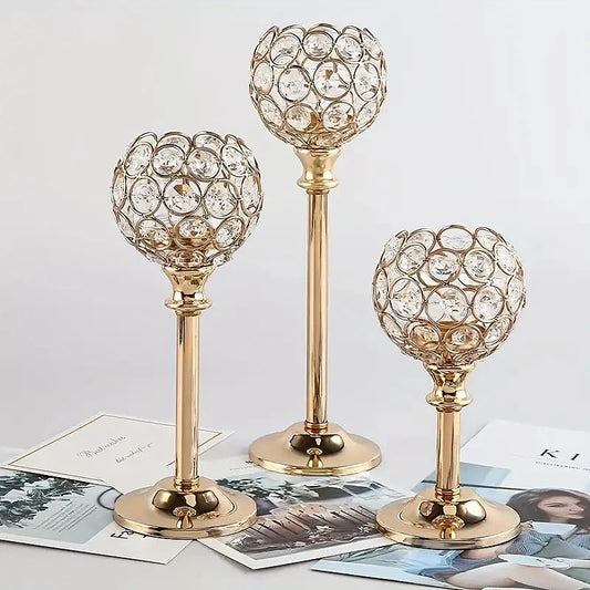 No-EN-Name-Null 3 PCS Vintage Geometric Crystal Glass Gold Metal Small-Medium-Large Size Tealight Candle Holders Sets