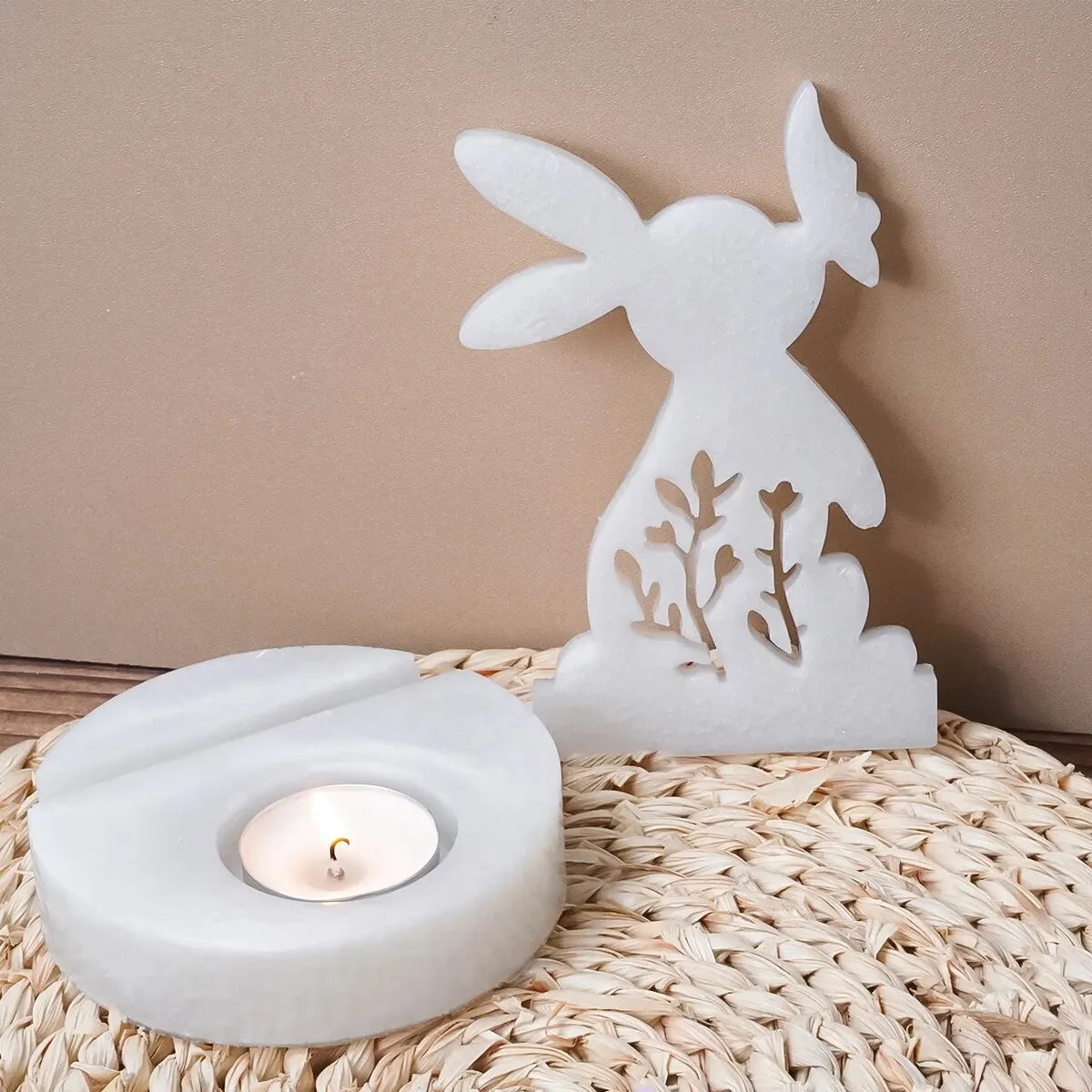 UDOCOOL ALL AGES DIY Clear Transparent Rabbit-Kissing Butterfly Round Base Tea Light Candleholder Kit White Milky Silicone Craft Molds