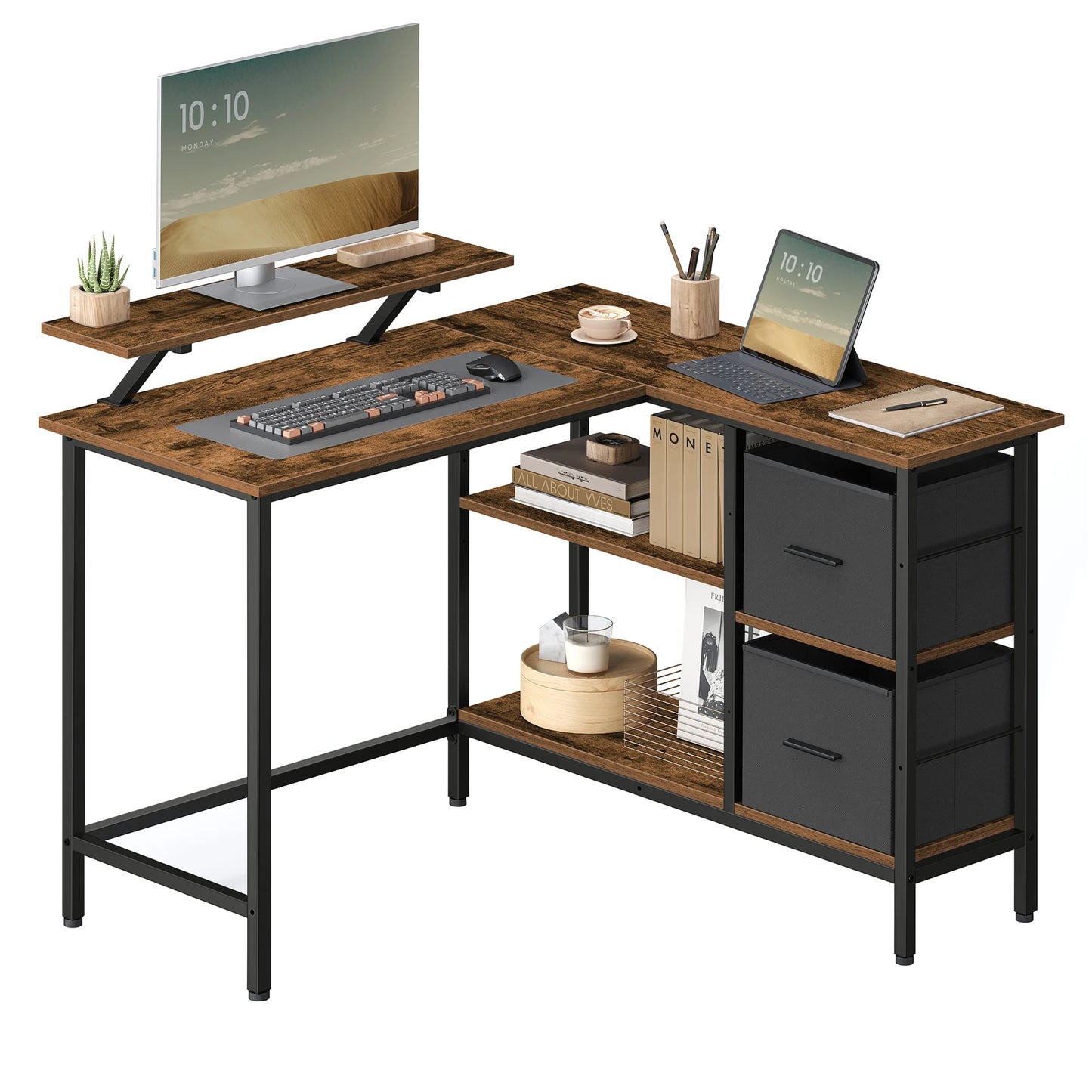 VASAGLE Modern L-Shaped Rustic Brown Wood Top-Reversible Drawers Design Black Steel Metal Frame Two Non-Woven Fabric Drawers Corner Middle Shelves 3-Levels Adjustable Height Computer Desks /Size: 115 x 105 x 89cm/Storage Options