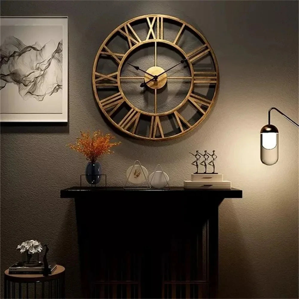 Large 3D Roman Numerals Wall Clock with Retro Metal Iron Round Shape. Accurate and Silent for Home Decoration