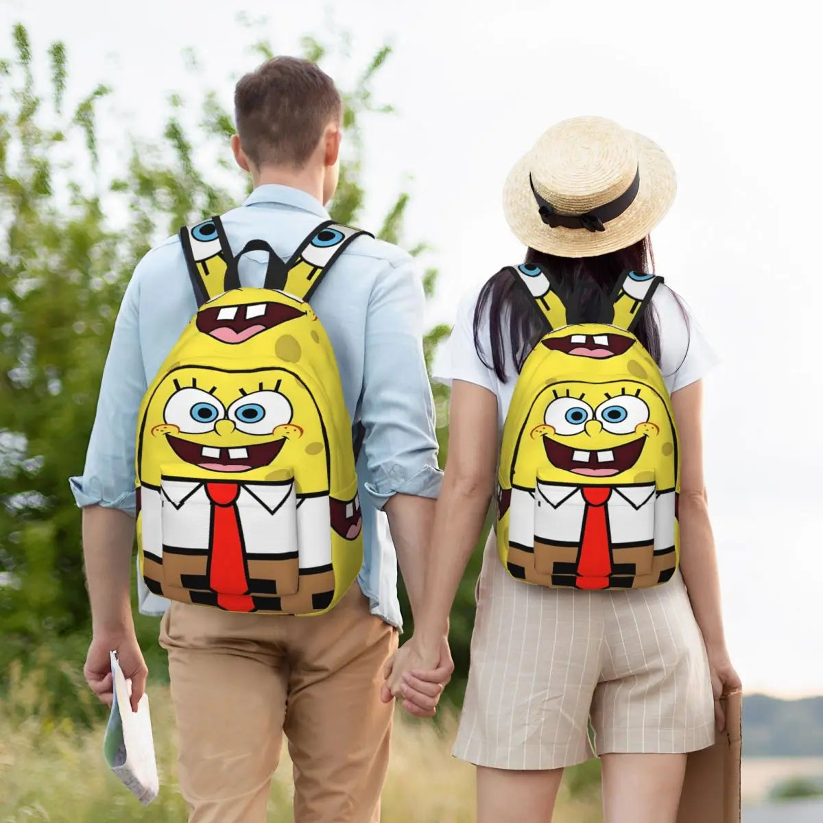 MINISO Kids Large Kindergarten Yellow SpongeBob Sturdy Square Pants Design Front Zippers Lightweight Waterproof Canvas Fabric Black Adjustable Shoulder Straps-Handle External Pockets Single Compartment School Backpacks/Colors-Yellow/Multicolor