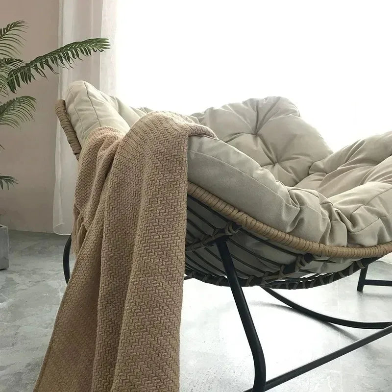 No-EN-Name-Null  Modern Indoor One Person Soft Upholstered Padded Bird Nest Thick Linen Multicolor Cushions Rattan Seat Bottom Black Metal Frame Reclining Rocking Chairs/Colors- Gray/Beige/Black/Brown/Multicolor