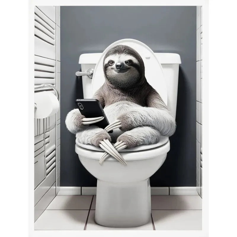 No-EN-Name-Null Modern Waterproof Handprinted Unframed Canvas Rectangle Shaped Abstract Funny Humorous Animals Bathroom Human-Like Sitting On The Toilet Wall Art Prints /Colors-White/Multicolor/Animals/Gray