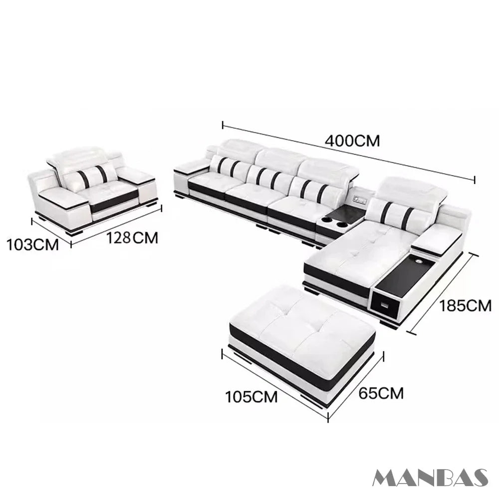 MANBAS Modern Adjustable Headrest L-Shaped White-Black Trim Italian Soft Genuine Leather Cushion Corner Couches/ Bluetooth Speaker/ USB Port/Cup Holder