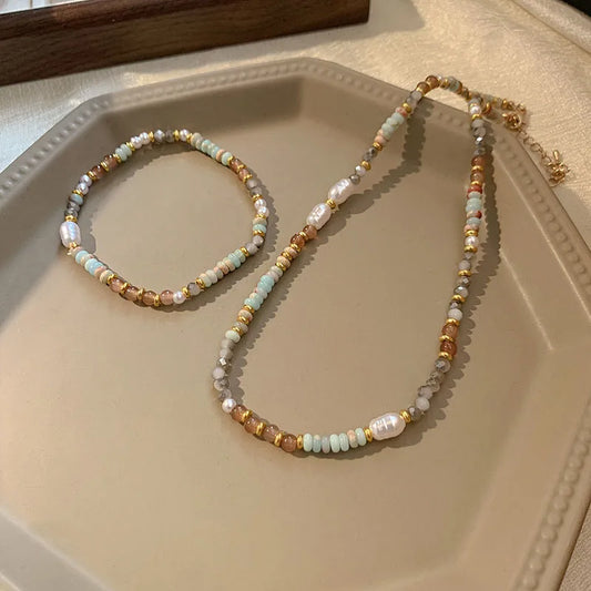 YERIK Adult Women Fine Imitation Stainless Steel Handmade White Pearls-Multicolor Beaded Necklace-Bracelet Jewelry Sets