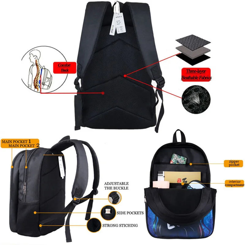 FANTASY VALLEY Women 3 PCS Softback Anime Inazuma Eleven Zippers Waterproof Multicolor Oxford Nylon School Backpacks Sets/ Colors-Black/Blue/Multicolor