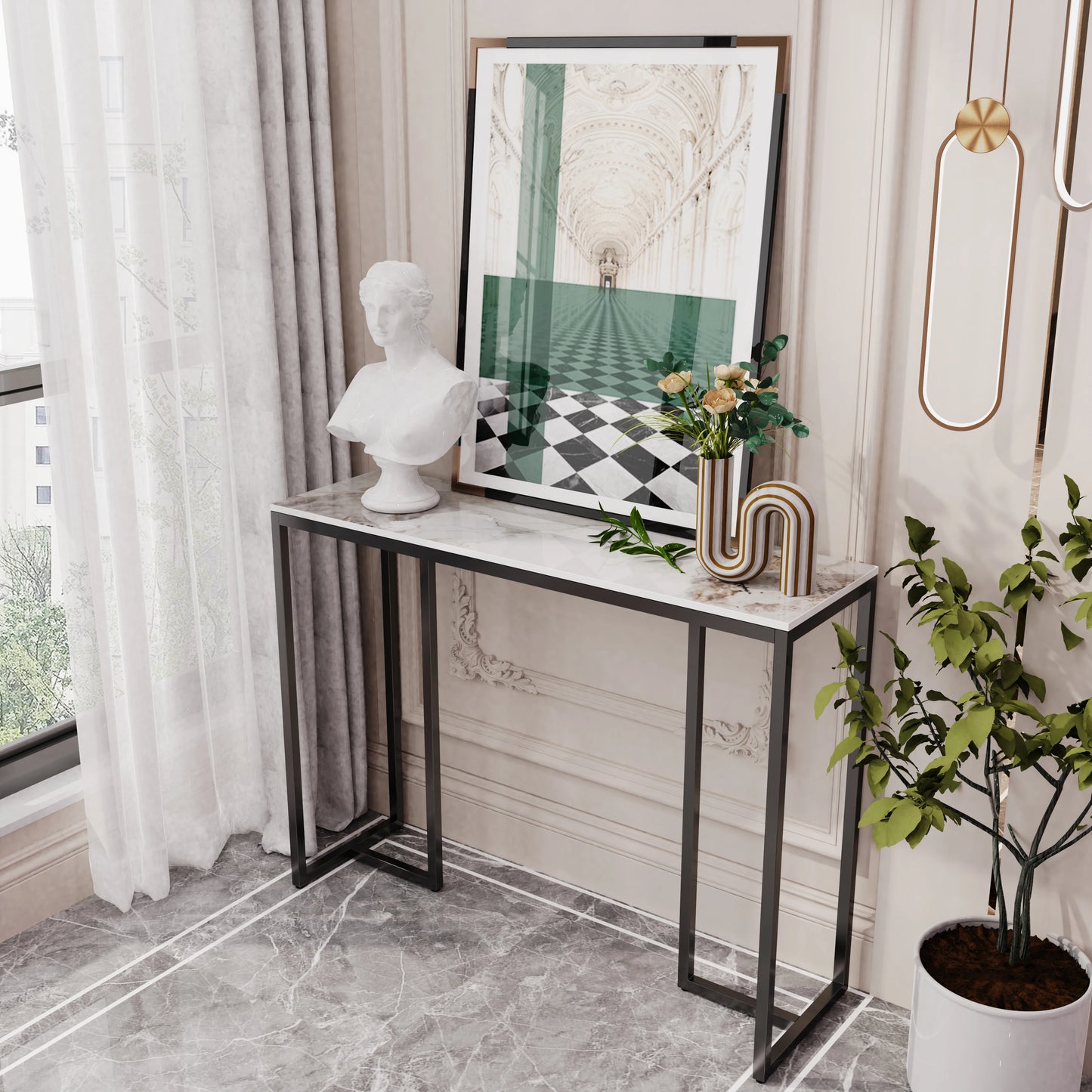 No-EN-Name-Null Modern White Rectangle Marble Top Metal Iron Frame Console Entryway Tables/Colors-White/Cold Emerald