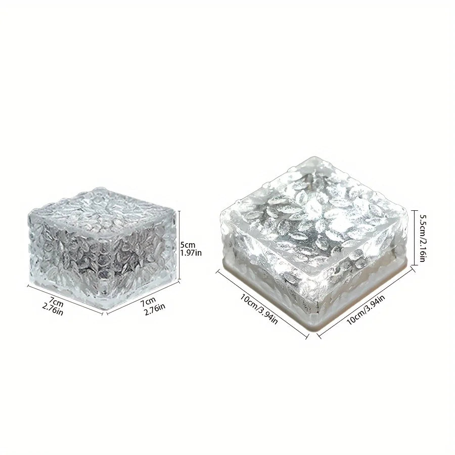 Outdoor Waterproof Light Control Automatic Solar-Powered Charging Day-Night Square Warm White Clear Transparent Ice Cube Brick Design Landscape Pathway Lights/Colors-Clear/White/Yellow/Bulbs Included