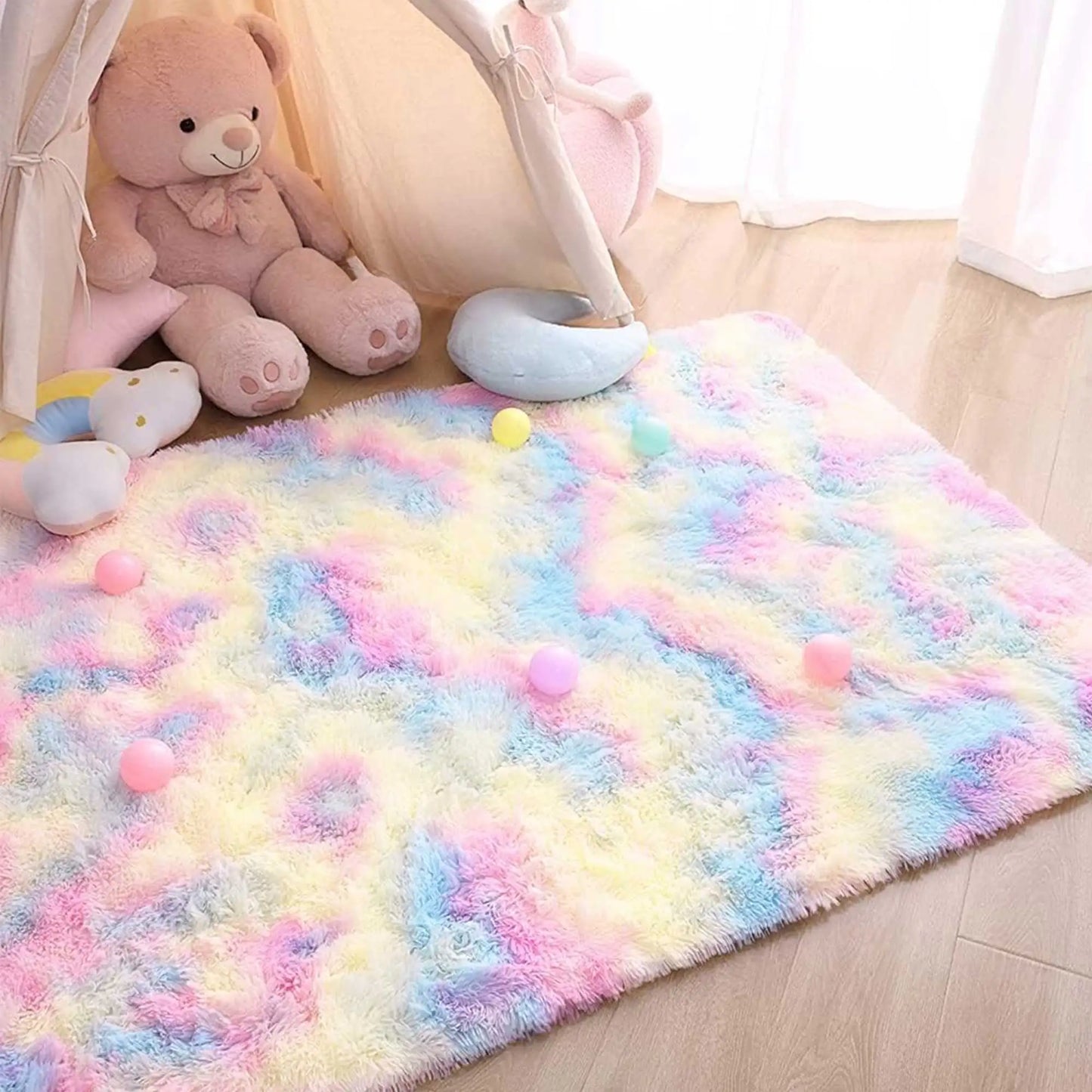 FORSWAN Kids Indoor Modern Soft Plush Heart Pattern Polyester Fabric Non-Slip Plastic Bottom Rectangle Shaped Rugs/Green Grass/Pink/Camel/ White/Tie Dye/Rainbow/Multicolor