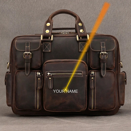 Men Luufan Vintage Zipper Cow Leather Briefcase Bags/Fits 15.6 Inch Laptop/Handles/Shoulder Straps/Single-Laptop Compartments/External Pockets/