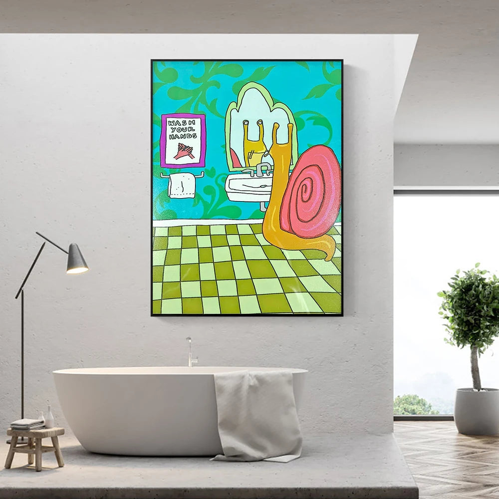 No-EN-Name-Null Modern Rectangle Unframed Canvas Cute Cartoon Funny Abstract Wash Your Hands Cute Snail Illustration Bathroom Wall Art Prints/Colors-White/Blue/Animal/Many SizesModern