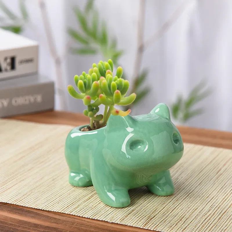 No-EN-Name-Null Indoor Glazed Porcelain Ceramic Cute Cartoon White-Green POKEMON Design Mini Succulent Desktop Flower Pots-Planters