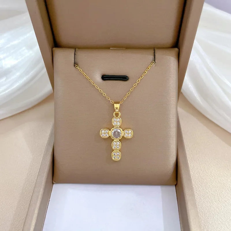 No-EN-Name-Null Women Fine Imitation Stainless Steel Metal Gold-Plated Clear White Shiny Crystal Cubic Zirconia Diamond Accents Stones Hollow Out Cross Pendant Necklaces/Colors-Gold/Silver/Clear/White/Pink/Green