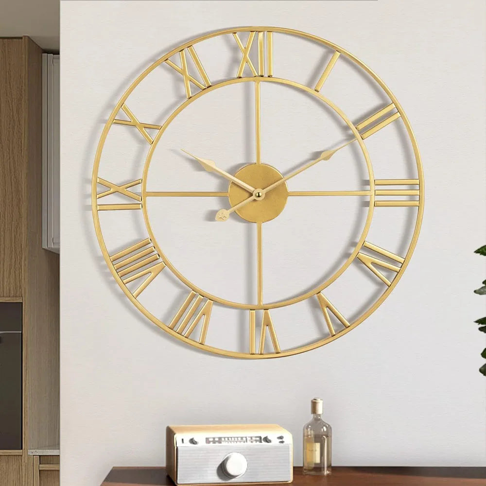Large 3D Roman Numerals Wall Clock with Retro Metal Iron Round Shape. Accurate and Silent for Home Decoration