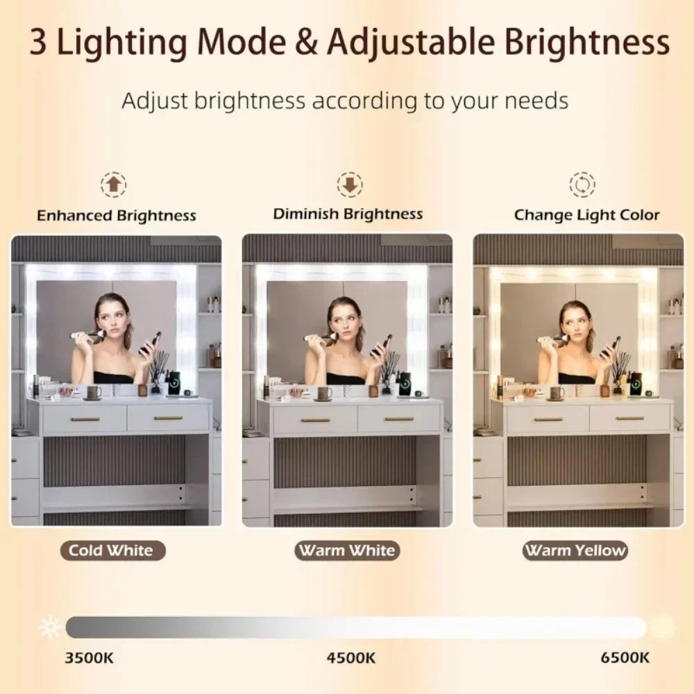 Mirrored Lighted Makeup Desk Set/ 10 LED Lights/8 Metal Sliding Drawers/ 2 Glass Cabinet Doors/2 AC Outlets 125V/ 12A/2 USB Ports 5V/2A/6-Foot Power Cord/Colors-White/Black