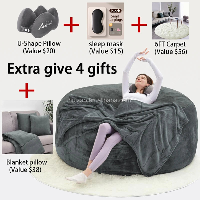 No-EN-Name-Null Modern Italian Design Large Three Seat Soft Plush Brown Round PU Polyester-Flannel Fabric Bean Bag Chairs/Zippered /Removable-Washable Cover/Extra 4 Gifts Included/ Sponge Filler Included /Colors-Gray/Beige/Brown/Blue/Black