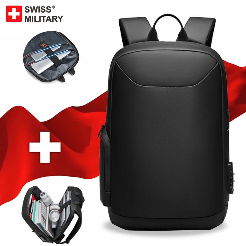 SWISS MILITARY Large Anti-Theft Waterproof Black Oxford Fabric Soft Curve Back Support Travel Polyester Lining  Zipper Soft Shoulder Straps-Handle 14-15.6 Inch Laptop Compartment Laptop Backpacks/Expandable USB Bag/ External Pockets