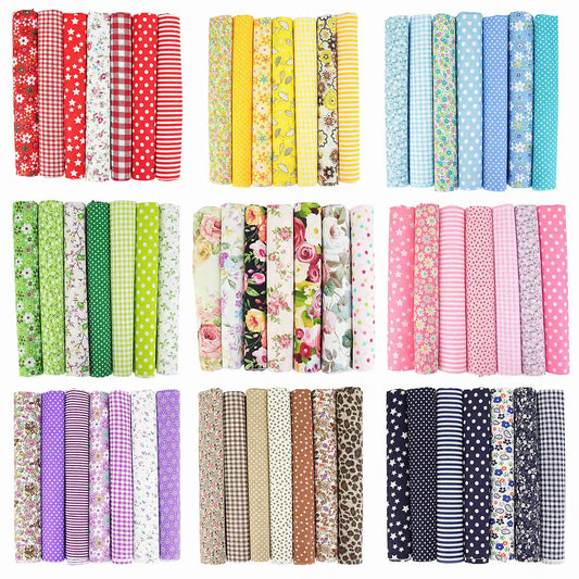1-Set 7 Different Colors Handmade Warp Knitted Squares Laminated Printed 100% Cotton Patchwork Quilting Brocade Fabric Cloths/Floral/Striped/Geometric Designs/Machine Washable/Ironing Instructions