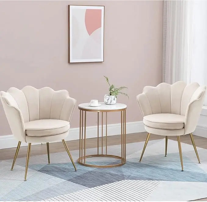 RUO WU Modern 2 PCS Beige-Blue Upholstered Padded Soft Skin-Friendly Velvet Fabric Shell-Shaped Cushions Four Gold Metal Legs Armchair Sets